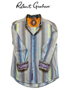 ROBERT GRAHAM STRIPED BATIK FLORAL CONTRAST FLIP CUFF MENS EMBROIDERED SHIRT
